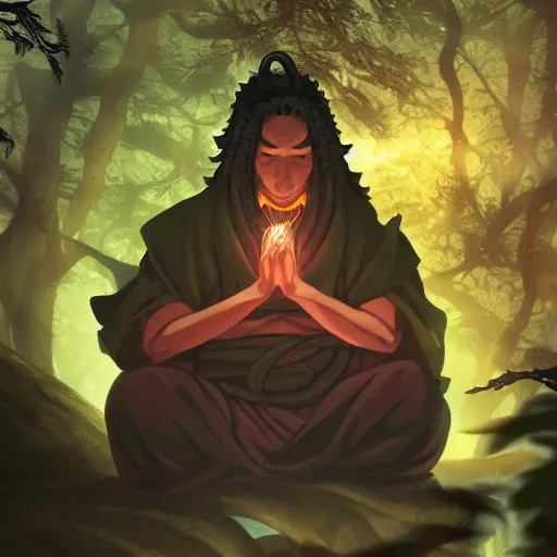 Image similar to a dragon sage monk yamabushi meditates in a dark forest. surrounded by serpents of all sized, danzo, orochimaru madara, ultra hyper detailed realistic matte painting artstation narutoverse stylized beautiful lighting moody gloomy