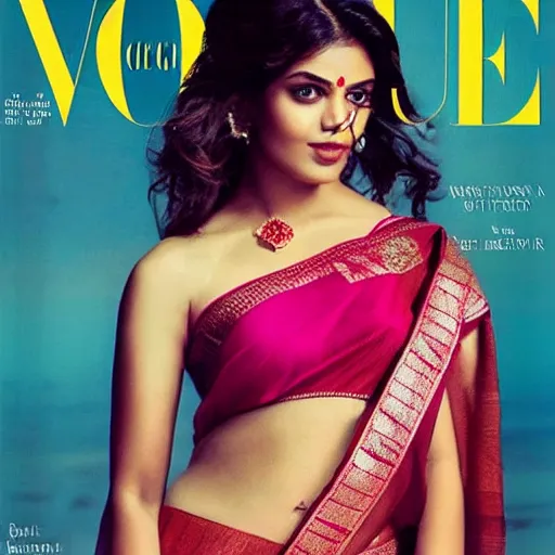 Image similar to a hot girl in a saree Vogue magazine cover photo