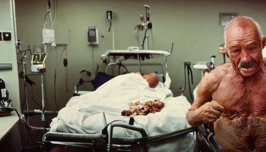 Image similar to 7 0 s movie still of a old meat man in the hospital, cinestill 8 0 0 t 3 5 mm eastmancolor, heavy grain, high quality, high detail