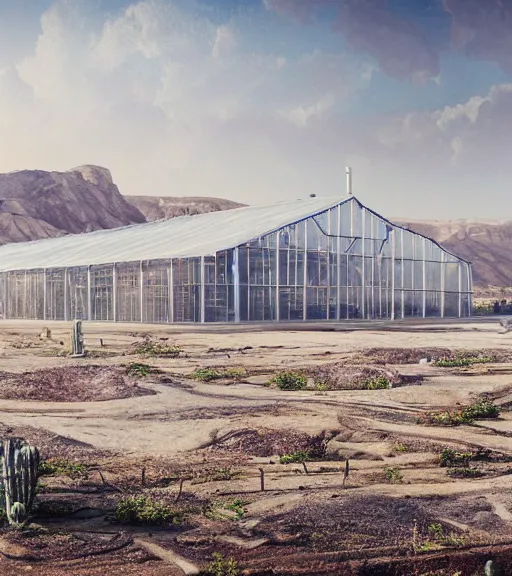 Image similar to a matte painting of a white 3 stepped biroremediation architecture, greenhouse in the mining tailings in the desert, prairie, cottage town, foggy, patchy flowers, oil painting, pale colors, high detail, 8 k, wide angle, trending on artstation, behance