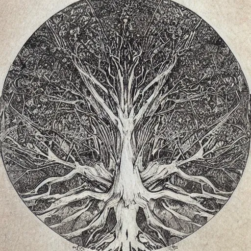 Image similar to leonardo da vinci color intricate full page scan artistic drawing of the world tree, on paper, black ball pen style, :: ultra-detailed technical precision :: mixed media with white and silver lines, realistic composition, point of interest at golden ratio, light from right, more darkness on the bottom, monumentally art composition, high quality of sketching with subtle hairlines, highly detailed rounded forms, inside out and outside in, octane render