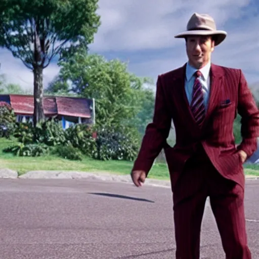 Prompt: film still of Bob Odenkirk as Stan S Stanman wearing a hat and checkerboard suit in the Monkey Island movie