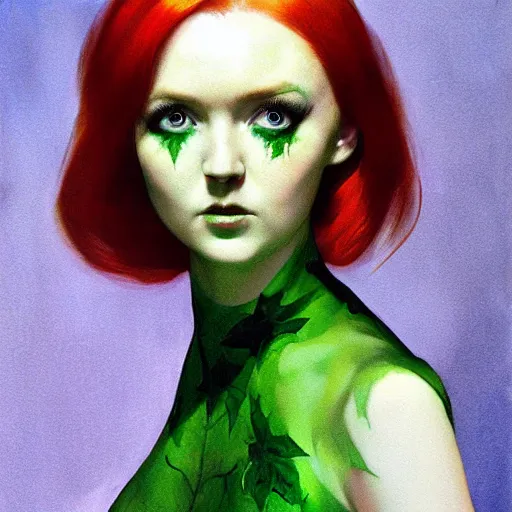 Prompt: portrait of lily cole as poison ivy, wearing a green dress and floral growths, epic details by alex ross