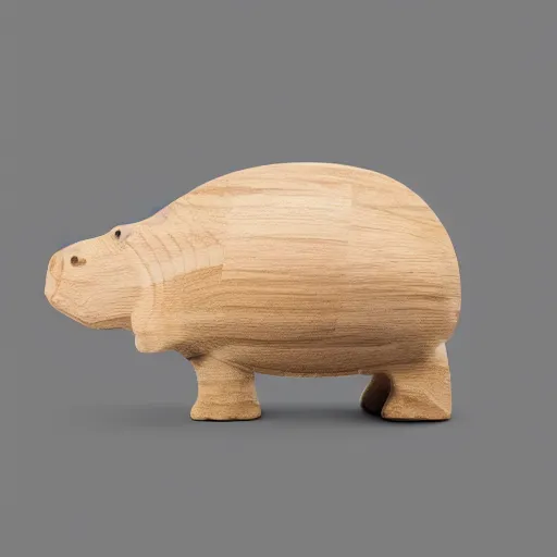 Image similar to studio product shot, side view of a simplified hippo figurine ( carved from teak )!!!!!!!, influenced by toddler toy, influenced by pixar, on a white to grey gradient background, wood grain!!!!!!, photorealistic, hyperrealistic, 8 k hd, octane render, unreal engine, featured on cgsociety