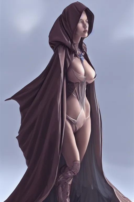 Prompt: detailed beautiful and shy hooded noun, seductive confident pose, attractive feminine curves, intricate details, futuristic, elegant cape, elegant, photorealism, shot on hasselblad, trending on artstation, holy halo, advanced technology, art by moebius and vitaly bulgarov and chanthara