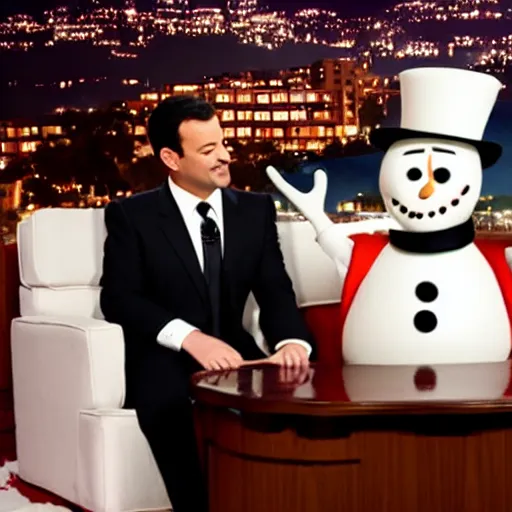 Image similar to Jimmy Kimmel interviewing Frosty the Snowman, tv show, television,