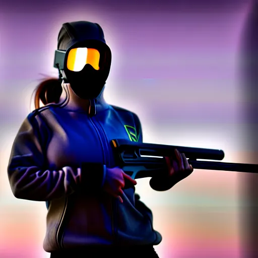 Prompt: photographic portrait of a techwear woman holding a shotgun, closeup, on the rooftop of a futuristic city at night, sigma 85mm f/1.4, 4k, depth of field, high resolution, 4k, 8k, hd, full color