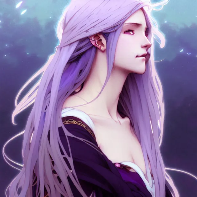 Image similar to anime girl with flowing lavender hair, purple eyes and white dress, profile photo, digital artwork, very beautiful face, extremely detailed art by greg rutkowski and alphonse mucha