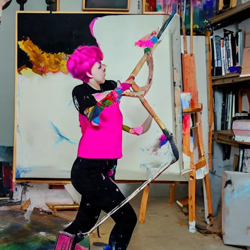 Image similar to surreal - a female artist (wearing pink hair and wearing black beret) swinging an ax with mad anger to cut a painting canvas in as paint flies throughout a dirty, dark art studio with paint cans on the floor and a computer in the corner