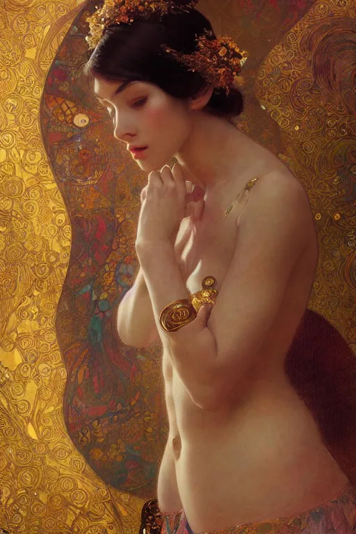 Image similar to an intricate artistic pose painting of a beautiful young muse with an artistic sensual pose with klimt golden motives and textures, hyper detailed, ornamental gold headpiece, octane render, vivid colors, artstation, by jeremy mann, by alphonse mucha, by boris vallejo