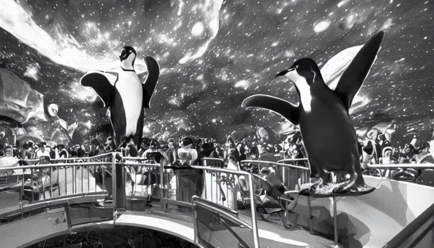 Image similar to 1990s photo of inside the Wild Space Penguin ride at Universal Studios in Orlando, Florida, riding a Penguin through space , cinematic, UHD