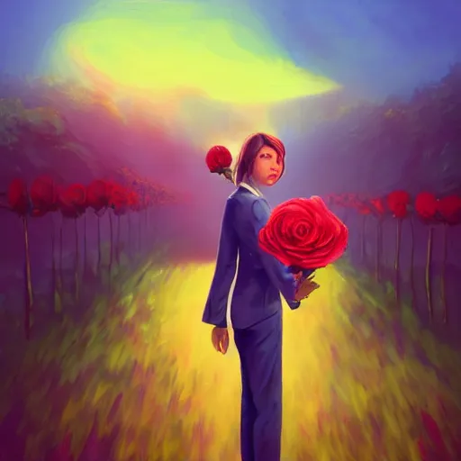 Image similar to closeup, giant rose flower head, frontal, girl in a suit, surreal photography, sunrise, blue sky, dramatic light, impressionist painting, digital painting, artstation, simon stalenhag