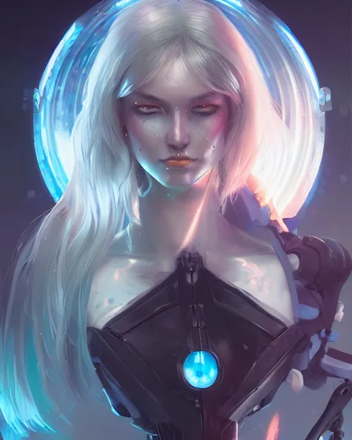 Image similar to holy cyborg necromancer girl, elegant, scifi, futuristic, utopia, garden, illustration, atmosphere, top lighting, blue eyes, white hair, focused, artstation, highly detailed, art by yuhong ding and chengwei pan and serafleur and ina wong