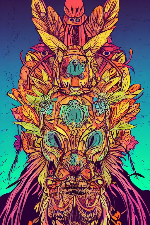 Image similar to animal mask totem roots flower tribal feather gemstone plant wood rock shaman vodoo video game vector cutout illustration vivid multicolor borderlands comics by josan gonzales and dan mumford radiating a glowing aura