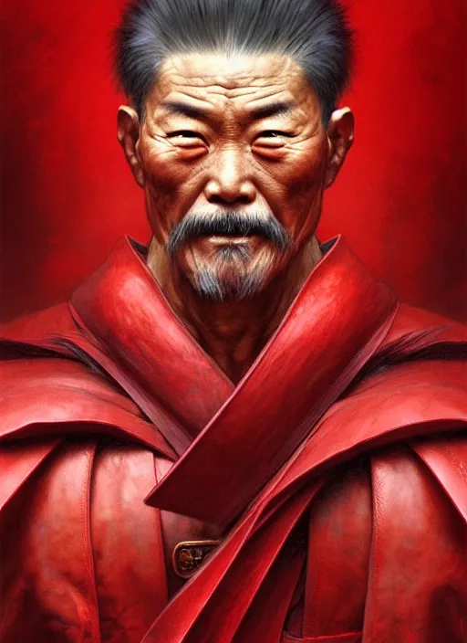 Image similar to portrait of an old Chinese warrior man, muscular, red leather robes! intricate, elegant, highly detailed, digital painting, artstation, concept art, smooth, sharp focus, illustration, art by artgerm and greg rutkowski and alphonse mucha