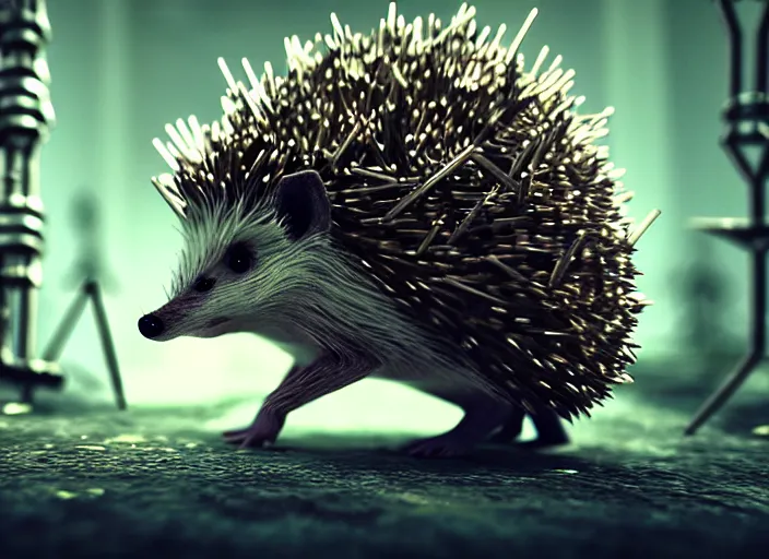 Prompt: intricate hedgehog with metal nails instead of needles, on the background of a weird magical mechanical forest. Very detailed 8k. Fantasy cyberpunk horror. Sharp. Cinematic post-processing. Unreal engine. Nanite. Ray tracing. Parallax. Tessellation