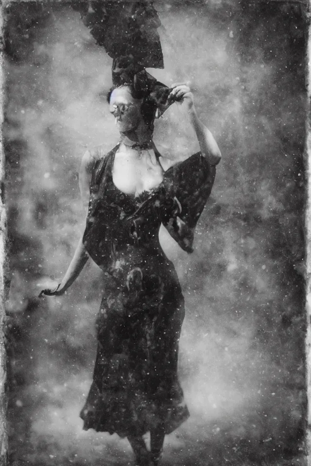 Prompt: wet plate photograph, portrait of scarves dancer, victorian era boiler room, coal inferno