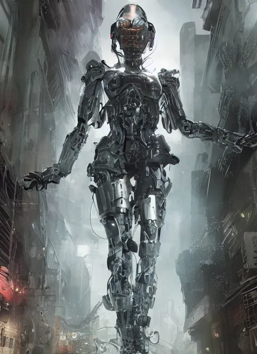 Image similar to Centered shot of a female cyborg, hyperrealistic, cyberpunk, sci-fi fantasy, dramatic lighting, cinematic, establishing shot, extremely high detail, cinematic lighting, by Yoshitaka Amano, Ruan Jia, Kentaro Miura, Artgerm, post processed, concept art, artstation, style by eddie mendoza, raphael lacoste, alex ross, 8K, unreal engine