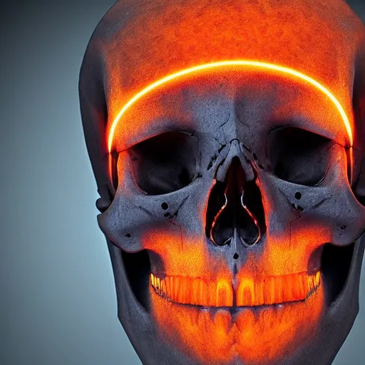 Prompt: real human skull with robotic circular orange light electronic eyes in eye sockets