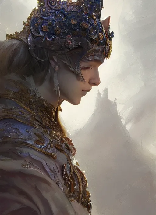 Image similar to side profile of a cat wearing a crown and royal cloak, fantasy, digital painting, volumetric light, intricate, sharp, focus, bloom, illustration, highly detailed, concept art, matte, ruan jia, randy vargas, greg rutkowski