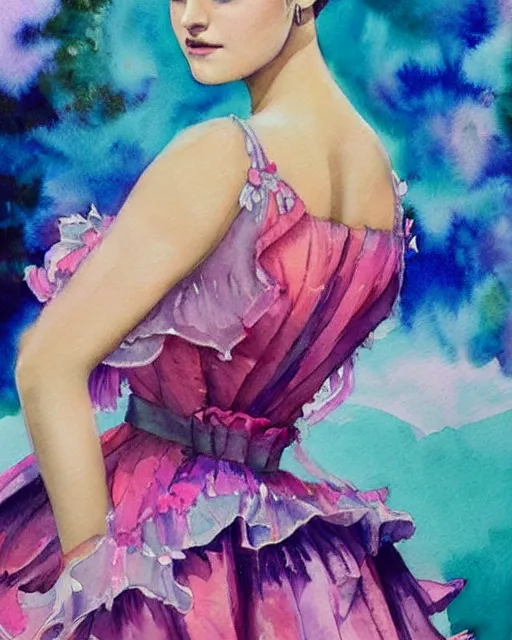 Prompt: watercolor full body portrait of camila mendes wearing a frilly dress, romantisism, outrun, pastel painting, dramatic, detailed, by android jones