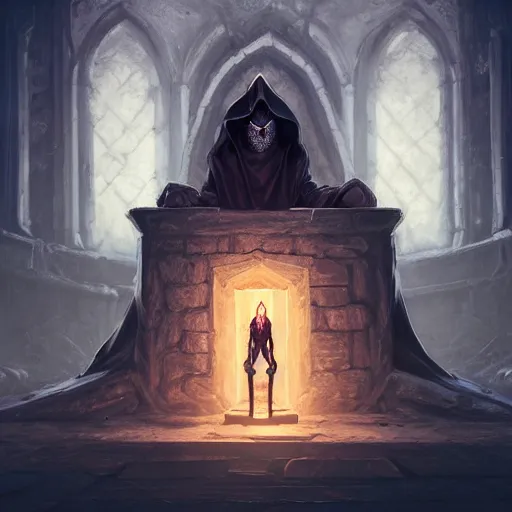 Image similar to necromancer sitting on a throne inside dungeon crypt, wearing a dark hood and completely blank mask, gray stone wall behind him by Stanley Artgerm Lau, WLOP, Rossdraws, James Jean, Andrei Riabovitchev, Marc Simonetti, and Sakimichan, Unreal Engine, 4k, trending on Artstation