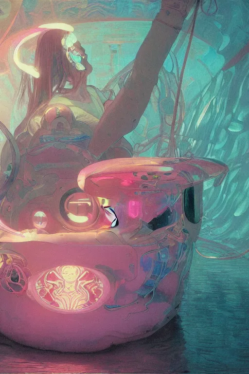 Image similar to interior of a Stomach Sensory deprivation tank filled with glowing pink water, Cross section, Claustrophobic, seapunk Mecha , vaporwave , digital art, artstation, by WLOP, Ilya repin, alphonse mucha., Very highly detailed 8K, octane, Digital painting, the golden ratio,