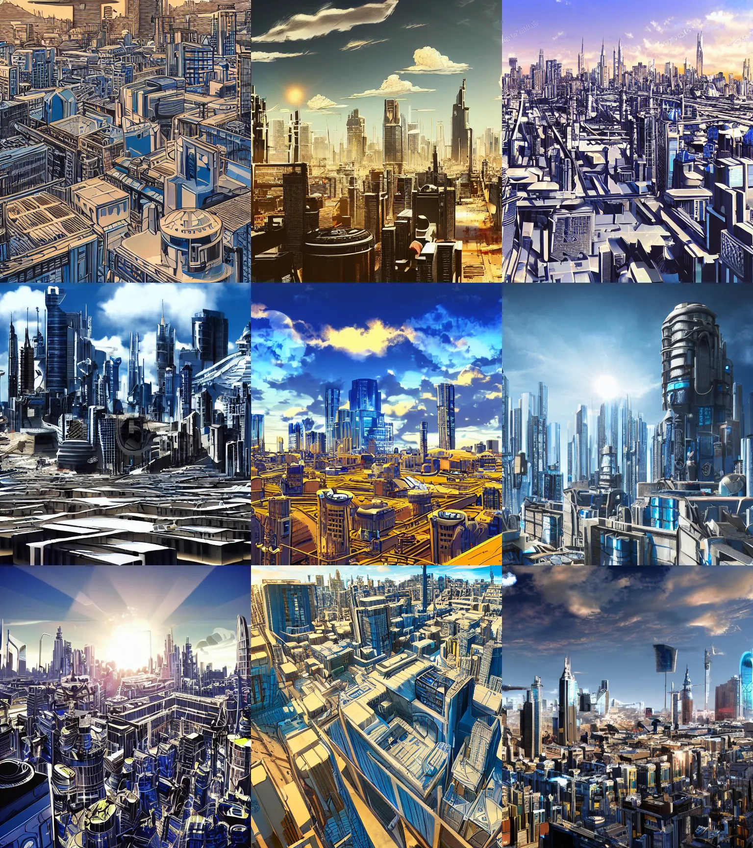 Prompt: sci - fi city rooftop view, blue sky, highly detailed, beautiful light and sun
