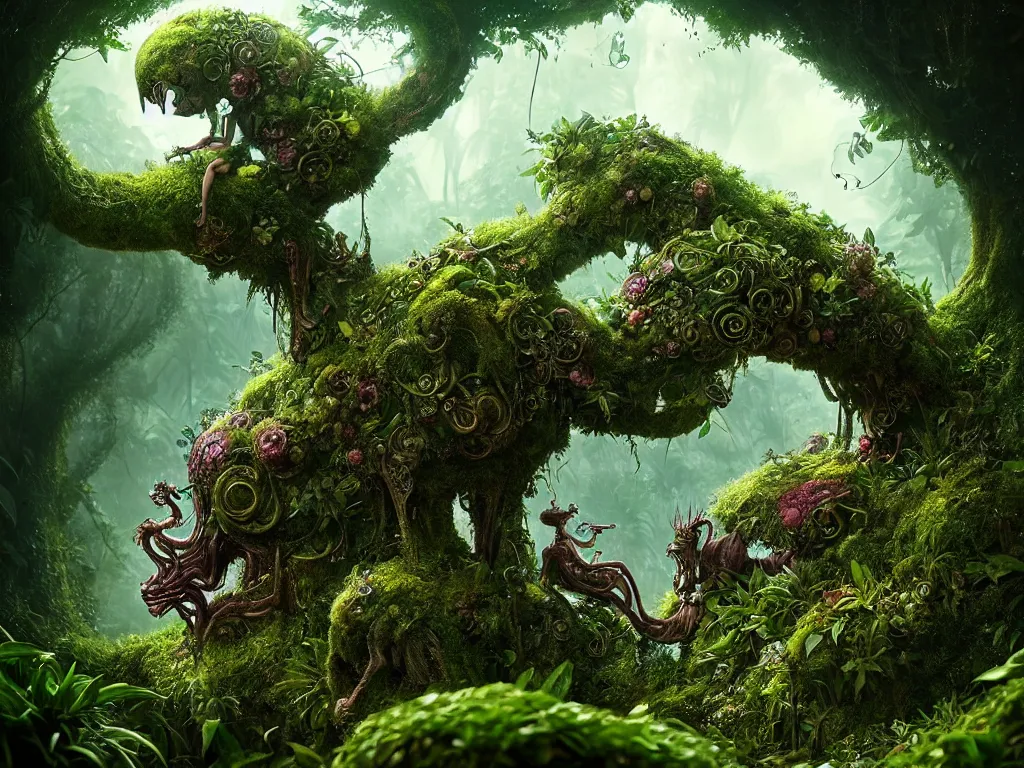 Prompt: metaverse creature in a lush trunda vegetation :: by Michal Karcz, Daniel Merriam, Victo Ngai and Guillermo del toro :: ornate, dynamic, particulate, intricate, elegant, highly detailed, centered, artstation, smooth, sharp focus, octane render, 3d