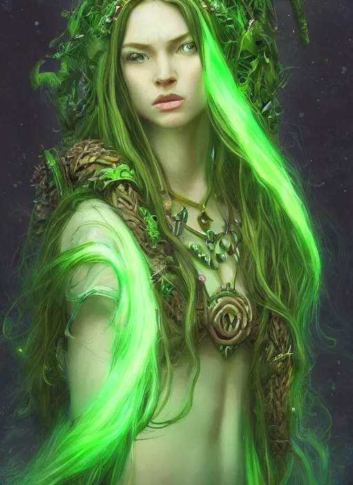 Image similar to beautiful wood goddess with long hair, bright green eyes, fantasy, elegant, concept art, sharp focus, beautiful face!!, digital art, Hyper-realistic, 4K, Unreal Engine, Highly Detailed, HD, Dramatic Lighting by Brom, trending on Artstation