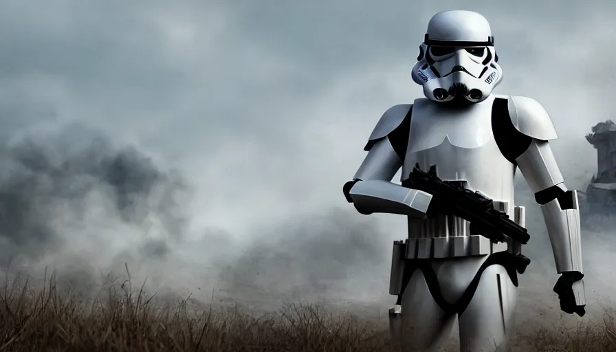 Image similar to Photorealistic Rendering of a Stormtrooper in World War!! 2 on a battlefield between ruins, Wallpaper, Hyperdetailed, Raytraced, Haze