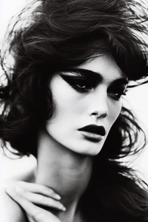 Prompt: stunning award - winning portrait by peter lindbergh of a beautiful brunette woman. close up. vintage 1 9 7 0 s hollywood glamour. glossy shiny hair. dramatic high fashion makeup. canon 5 0 mm.