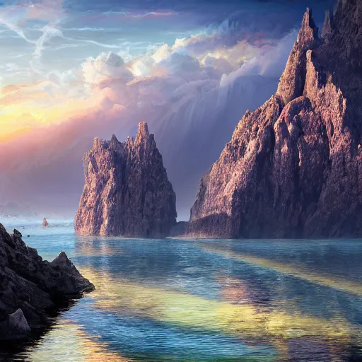 Image similar to basalt cliffs and mountains, floating islands fantasy landscape, high detail, fantasy art, concept art, 4 k, ultra detail, computer art