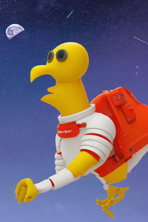 Image similar to a lonely chicken wearing a space suit without helmet in a alien planet, profile picture, digital art, concept art, trending on DeviantArt, highly detailed, high quality, 4K, cartoon, high coherence, path traced, blue sky in the background, octane render, digital painting, no helmet, masterpiece, anatomically correct, hyperrealistic