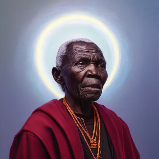 Image similar to a painting of a wise elder from Kenya by Kehinde Wiley . dramatic angle, ethereal lights, details, smooth, sharp focus, illustration, realistic, cinematic, artstation, award winning, rgb , unreal engine, octane render, cinematic light, macro, depth of field, blur, red light and clouds from the back, highly detailed epic cinematic concept art CG render made in Maya, Blender and Photoshop, octane render, excellent composition, dynamic dramatic cinematic lighting, aesthetic, very inspirational, arthouse.