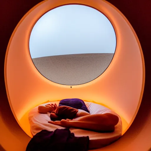 Image similar to inside cozy luxurious curved sleep-pod with wall to wall padding and sound system, amber ambient, red desert outside window, night time, lighting, atmospheric, polyamorous, XF IQ4, 150MP, 50mm, F1.4, ISO 200, 1/160s, dawn