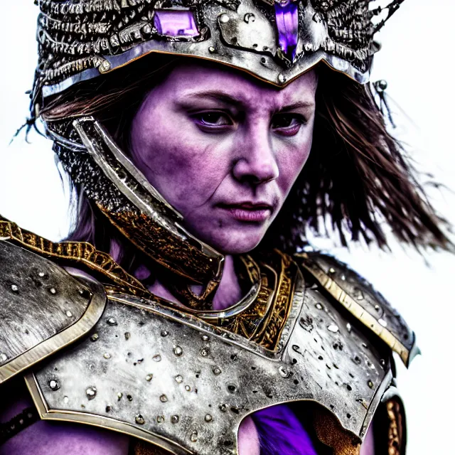 Image similar to photo of a beautiful strong warrior queen wearing amethyst encrusted armour, highly detailed, 4 k, hdr, smooth, sharp focus, high resolution, award - winning photo