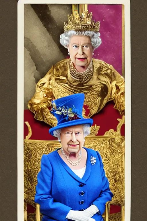 Prompt: photo of queen elizabeth ii as quin of cards from alice in wonderlands