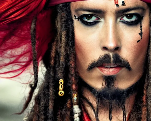 Image similar to a beautiful mix of captain jack sparrow and amber heard, hyper realistic face, beautiful eyes, cinematic, long shot, hyper detailed, 8 5 mm photograph, 8 k resolution, film still, sharp lens, wide lens