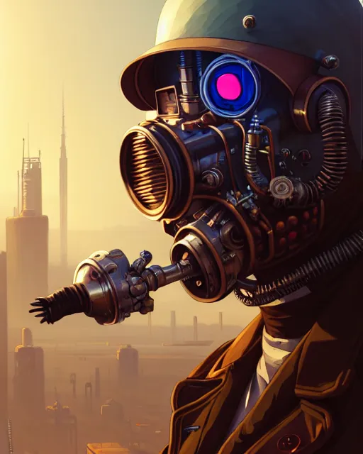 Prompt: hyper - realistic portrait of a steampunk robot, gta v cover art, celshading, sharp focus, intricate, detailed, rhads, andreas rocha, makoto shinkai, lois van baarle, ilya kuvshinov, greg rutkowski, dynamic lighting, grunge aesthetic, 4 k