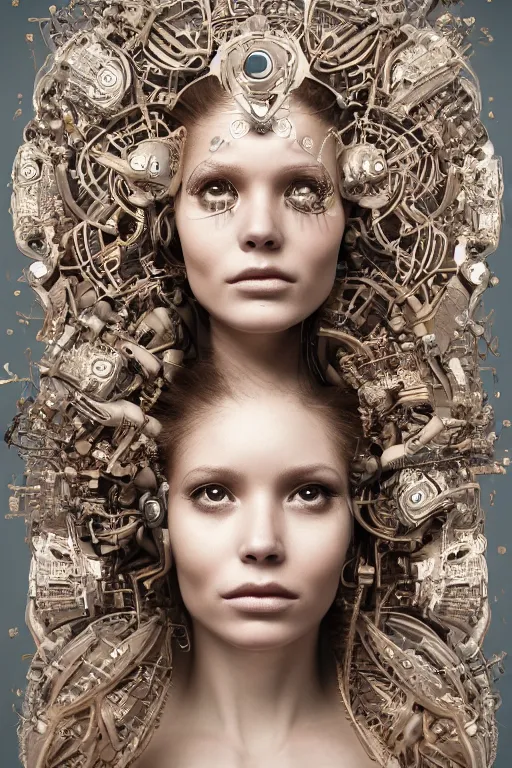 Image similar to a beautiful intricate fine art portrait photo of a cyborg with bionic implants, epic wavy hair spread out around her lined with white hibiscus, lying on a mandala, by natalie shau and michal karcz, masterpiece!, futuristic robot body, top view, studio lighting, golden ratio composition, 3 5 mm lens, deep depth of field, artstation, 8 k