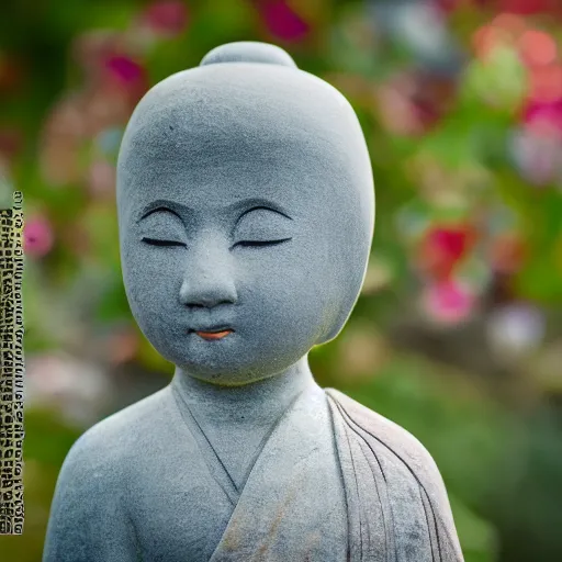 Image similar to photo of small jizo statue in a garden, high detail, cinematic, cute, beautiful lighting, 1 flower,