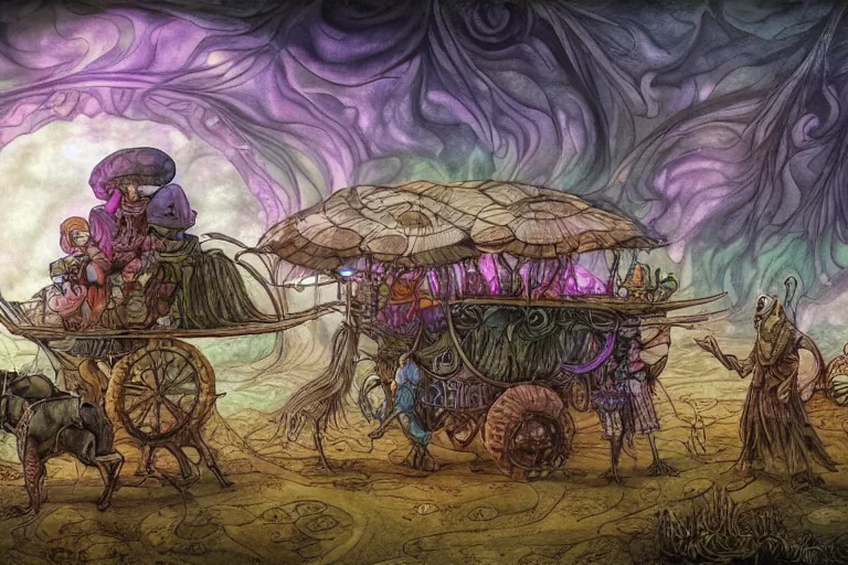 Prompt: caravan of portobello mushroomfolk merchant nomads traveling through a psychedelic landscape, in the style of Greg Broadmore and Arthur Rackham and Moebius, trending on artstation, light lighting side view,digital art,surrealism ,macro,blueprint ,vaporwave ,