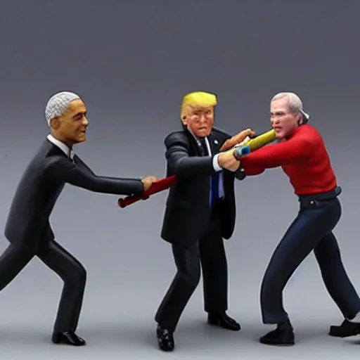 Image similar to photo of putin, trump, obama and bush having a lightsaber fight, figurine