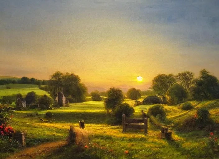 Image similar to beautiful oil landscape painting of an old quaint English village in the countryside, fields, sunset, ambient light, high detail