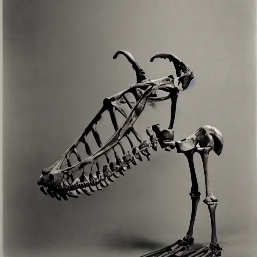 Prompt: skeleton of a dinosaur with two heads. museum photograph.