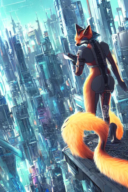 Image similar to a cyberpunk anthropomorphic fox with a fluffy tail staring over a futuristic city from the top of a roof, comic art, trending on furaffinity, cyberpunk, backlighting, cartoon, by kawacy