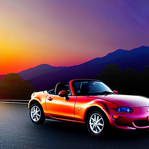 Image similar to a car Mazda Miata in middle of road, gunma prefecture, city sunset night, cinematic color, photorealistic, highly detailed