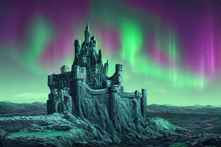 Image similar to highly detailed photoreal eldritch biomechanical castle on a cliff, aurora borealis, psychedelic