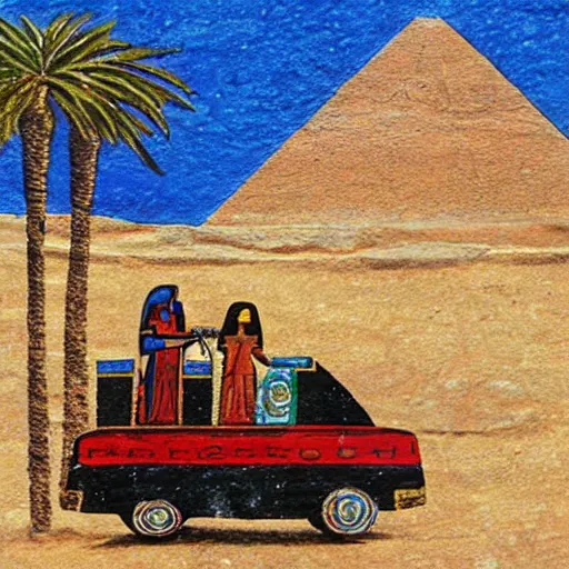 Image similar to egyptian rides in a car behind the wheel, rock painting in fresco